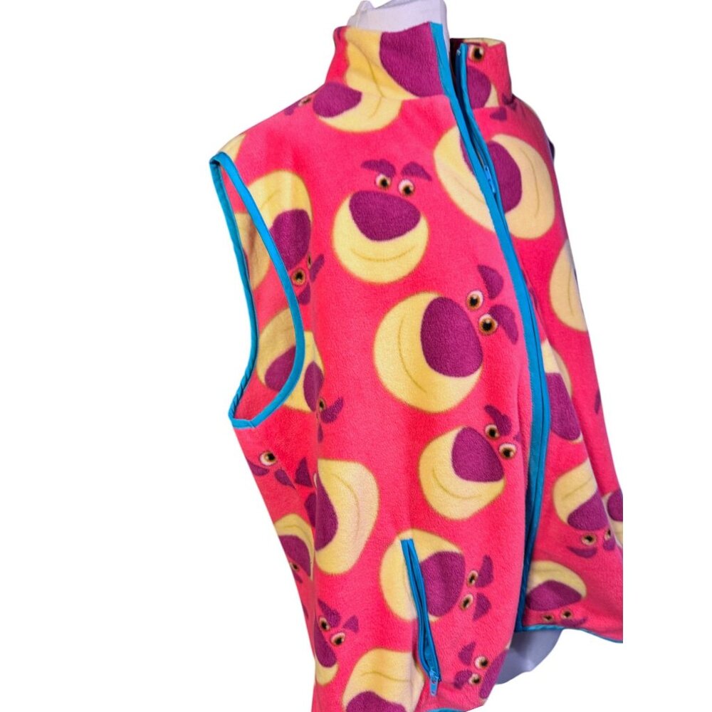 Disney Lotso Fleece Vest Pink With Purple & Yellow Faces Zippered Front Pockets - Picture 6 of 10